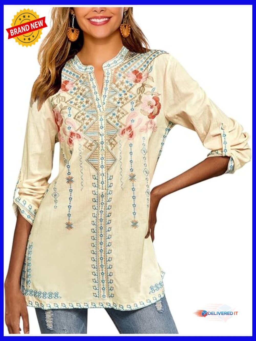 Women's Embroidered Peasant Tunic Blouse Boho Button Down Shirt Loose